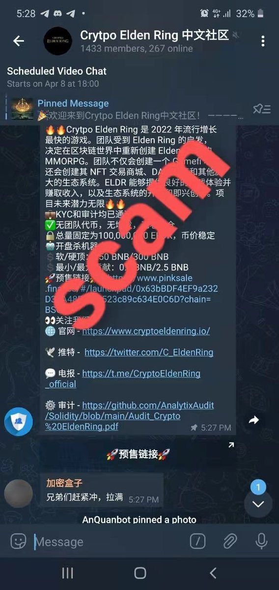 C_EldenRing's tweet photo. Hello Tarnished 
there are a lot of scam now 

Pls be aware we did not create a Chinese group and our presale was on 8th of April !!!! 

Only use the link from our tweet 

and remember

WE WILL NEVER DM YOU 

ONLY USE THE LINKS FROM OUR OFFICIAL GROUPS 

safe flight https://t.co/YT2NIF4ukX