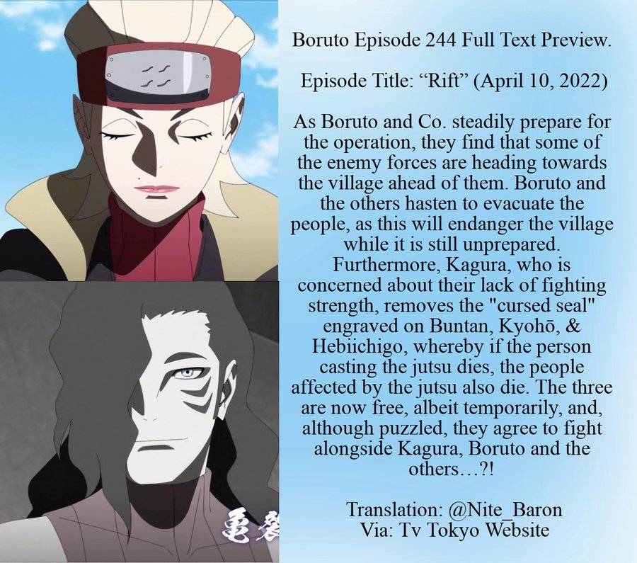 Boruto Episode 244 Summary Out Kagura Removes Cursed Seal From Buntan Kyohō Hebiichigo Entertainment