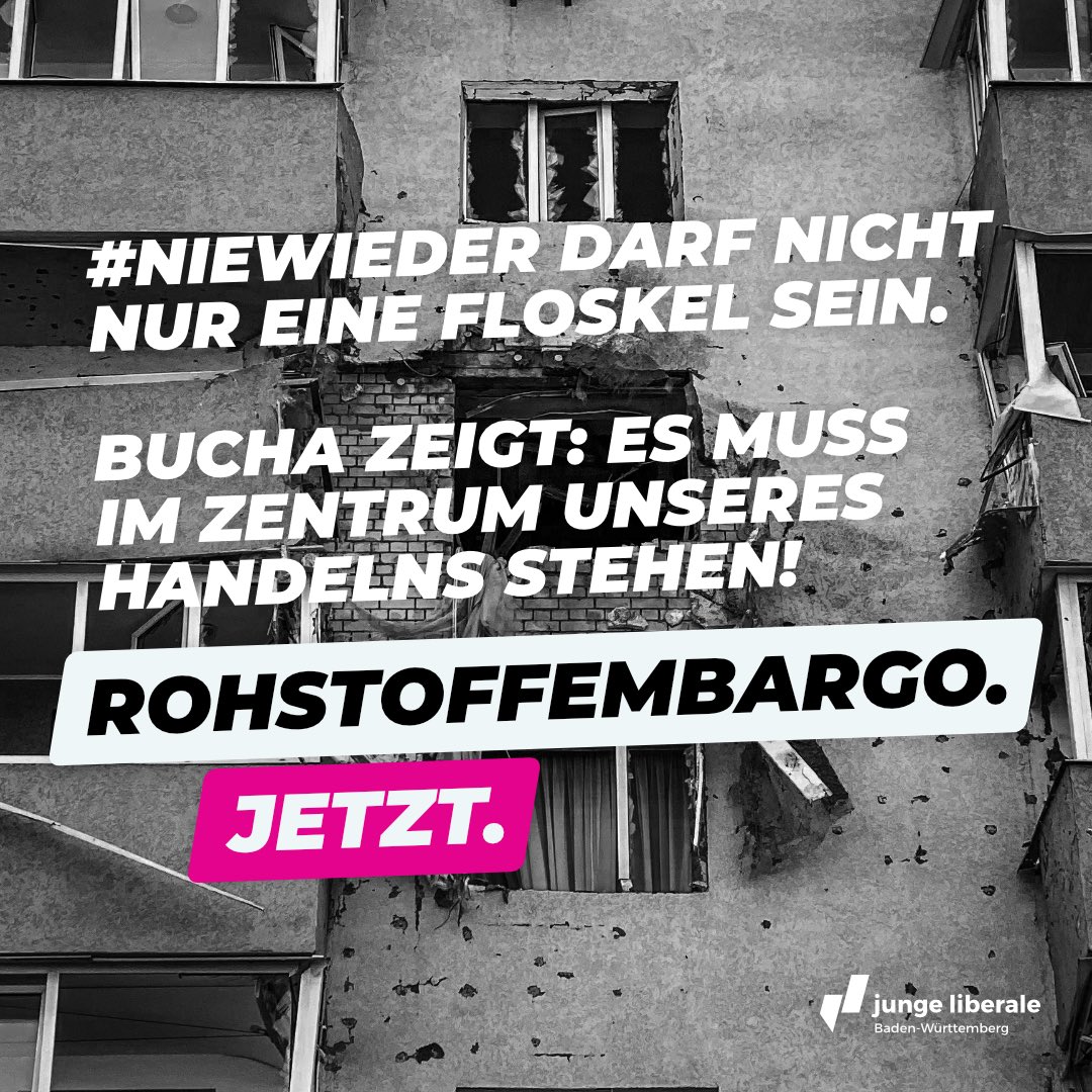 Die Bilder aus #Bucha erschüttern uns. Es kann nicht sein, dass Deutschland weiterhin praktisch regungslos zusieht. 

Es ist längst überfällig, dass wir zu einem der härtesten Sanktionsinstrumente gegen die russische Führung greifen: einem vollumfänglichen Rohstoffembargo!