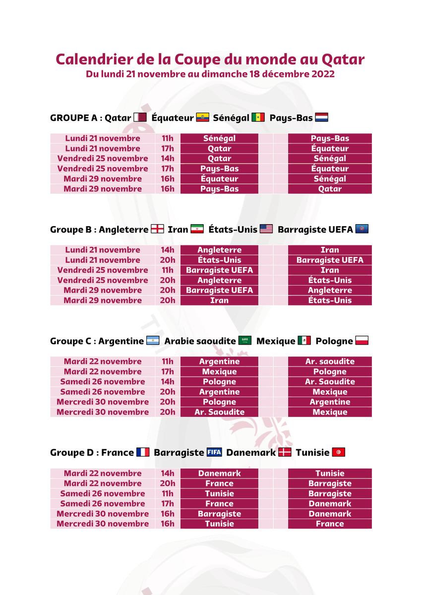 ActuFoot_'s tweet photo. Vous l'attendiez : le voici !

Le calendrier complet et à remplir de la Coupe du monde 2022 au Qatar. 🏆🇶🇦

C'est cadeau. 🎁 https://t.co/FeFtvWNwLw