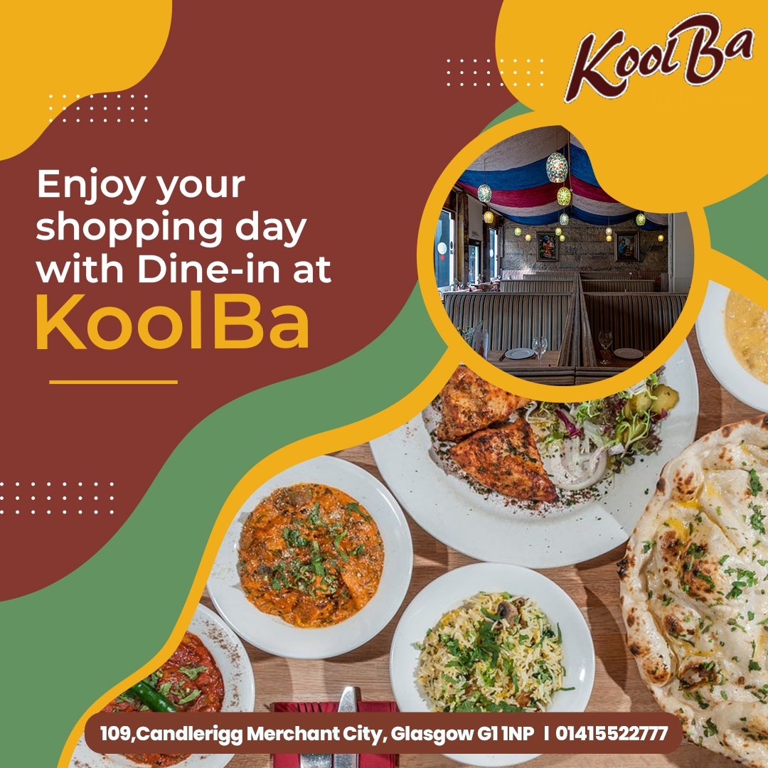 KoolBa's tweet photo. Feeling hungry after shopping? Enjoy a satisfying meal from your favourite Indian restaurant, KoolBa. Grab your perfect fuel and enjoy your shopping day treat. 
Book your table with us, call us at:0141 5522777
Or visit - https://t.co/f7FcXD234t
#Koolba #MerchantCity #Indian https://t.co/xXyZJ3Qh9a