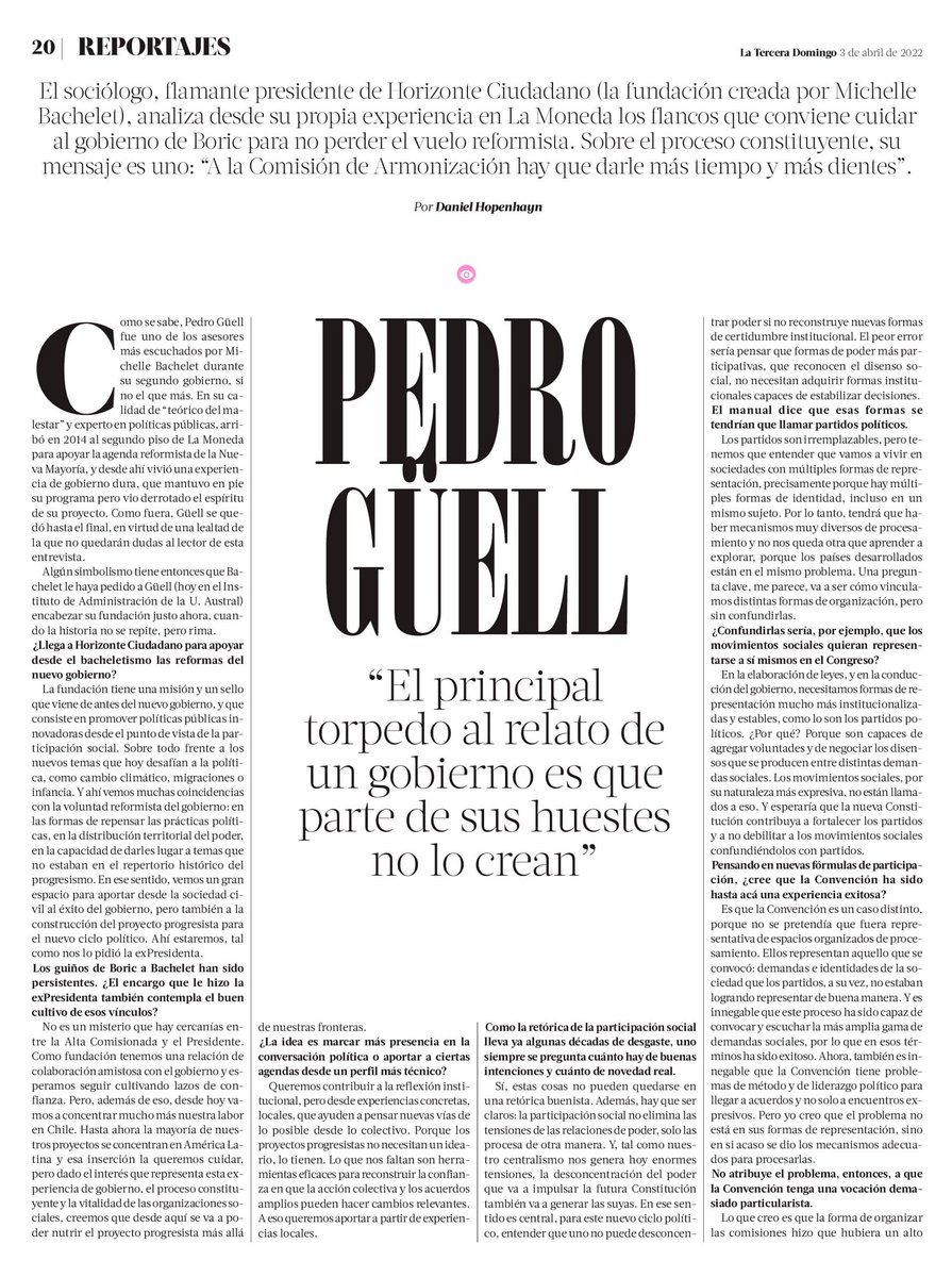 PedroGuellV's tweet photo. Lo clave para el gobierno de @gabrielboric es que realmente se perciba como el primer paso de una transición a un nuevo ciclo político. Y para eso, queremos contribuir desde @H_Ciudadano a pensar lo posible desde lo colectivo. 
Les invito a leer la entrevista completa @LaTercera https://t.co/OXytAJMT9M