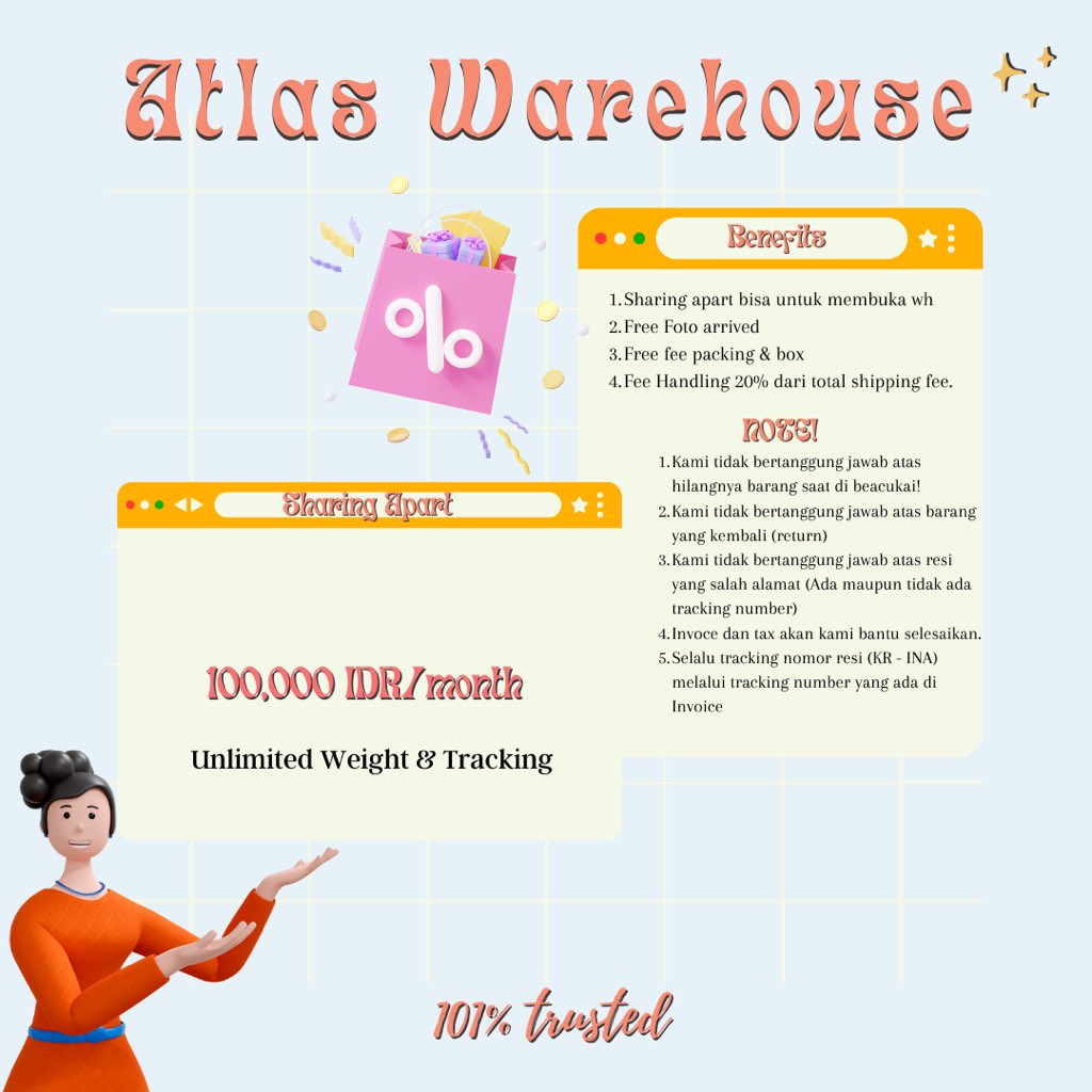 atlaswarehouse's tweet photo. ✨ ATLAS WAREHOUSE APRIL PROMO✨

🌱 Free join warehouse fee
🌱 Free warehouse fee (DIRECT ONLY)
🌱 Direct &amp; sharing apart bisa pake nama sendiri
🌱 Sharing apart bisa untuk buka wh lagi 
🌱 TIDAK menerima pengiriman KR -KR!
🌱 EMS / UPS ONLY! 

tag warehouse kr ina murce need https://t.co/ajvFHgT3sy