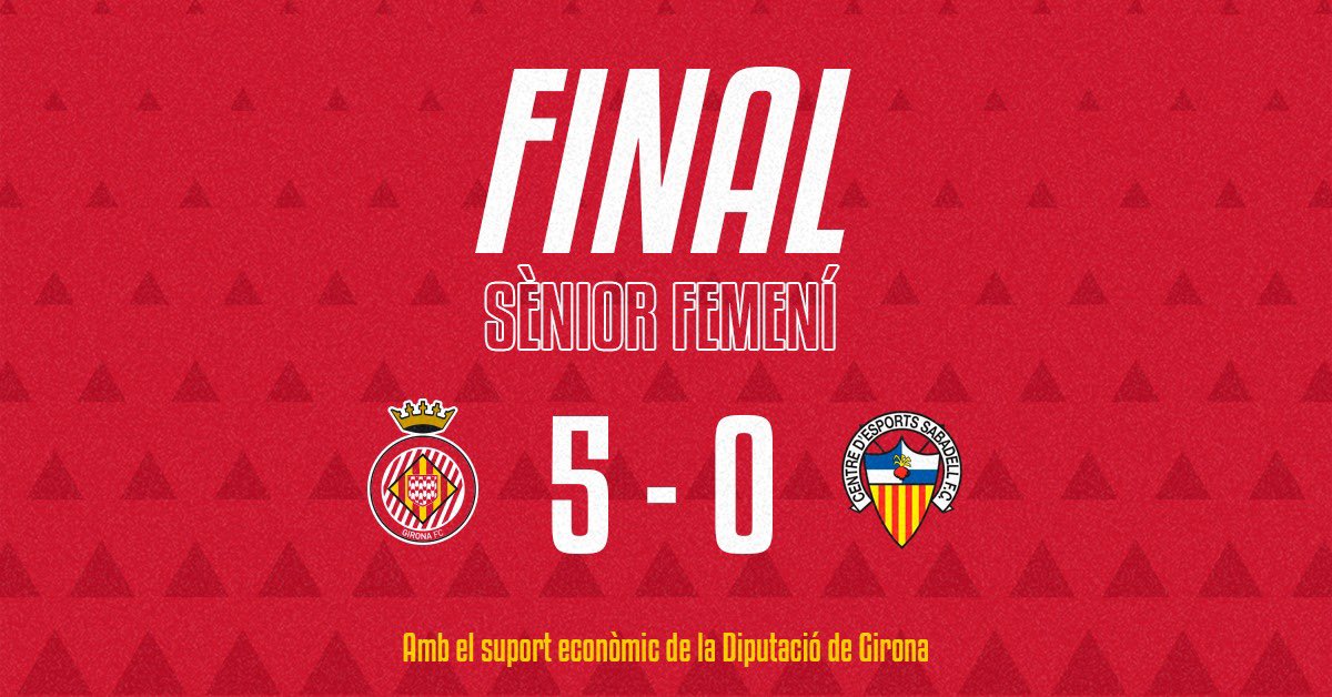 GironaFC's tweet photo. SÈNIOR FEMENÍ | 

🏁 FINAL! SEGUIM EN RATXA, EQUIP! 

👉🏻 GIRONA FC 5 - 0 CE Sabadell 

⚽️⚽️ Mimi 
⚽️⚽️ Aida Illas 
⚽️ Paula Rosales  

#GironaFC https://t.co/qntsaZ3492