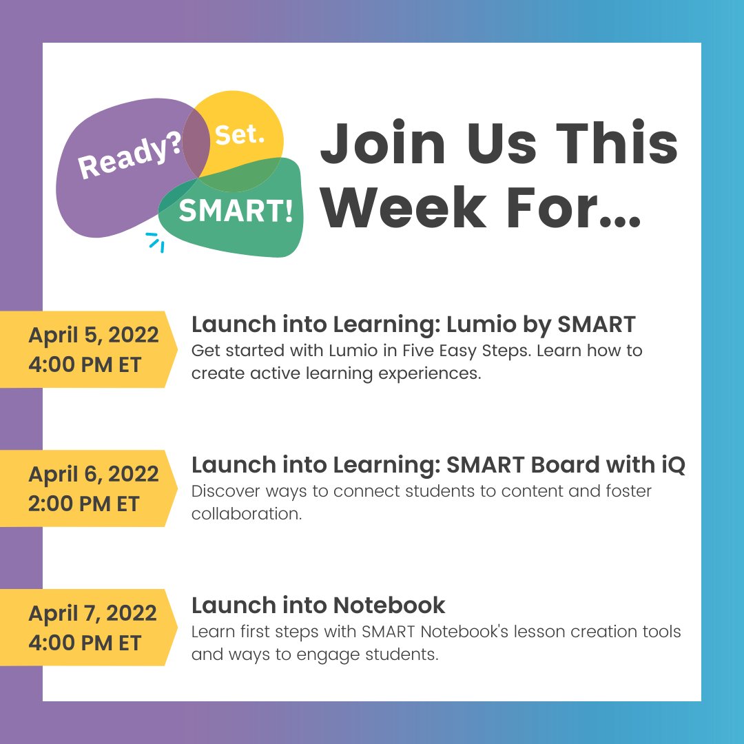 SMART_Tech's tweet photo. Let's get Ready? Set. SMART! for an exciting week of LAUNCH into Learning Webinar Series! ➡️ https://t.co/9GQ7SLJhFt 

🟡 April 5th – Lumio by SMART 
 
🟣 April 6th – SMART Board w/ iQ 

🟡 April 7th – Launch into Notebook

#WeAreSMART #GoLumio #EdTech 

See 🧵 Thread ⬇️ https://t.co/sDrtBlRWVP