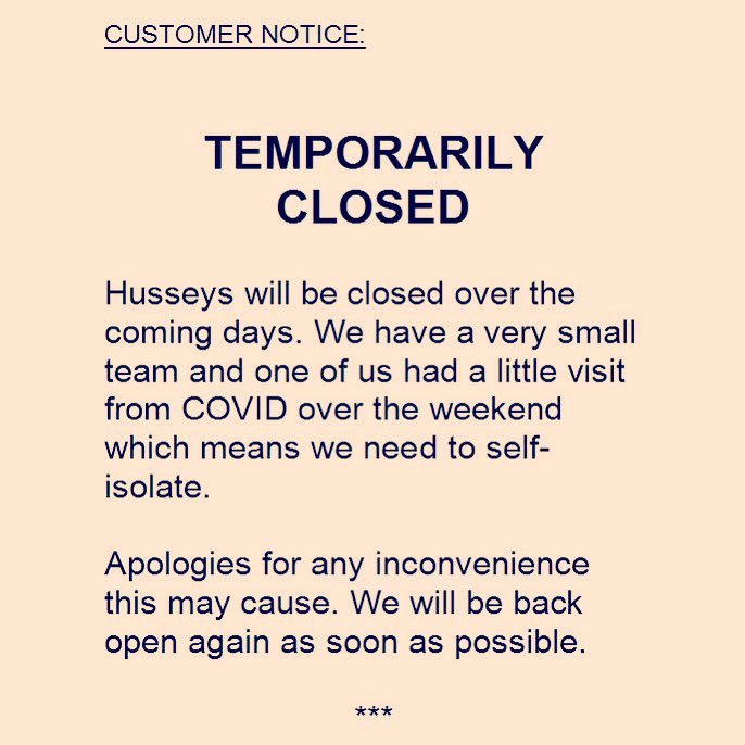 husseysbar's tweet photo. Unfortunately the Bar will be closed for a few days. #COVID19 has struck. 🤒 https://t.co/6PV80XTvA4
