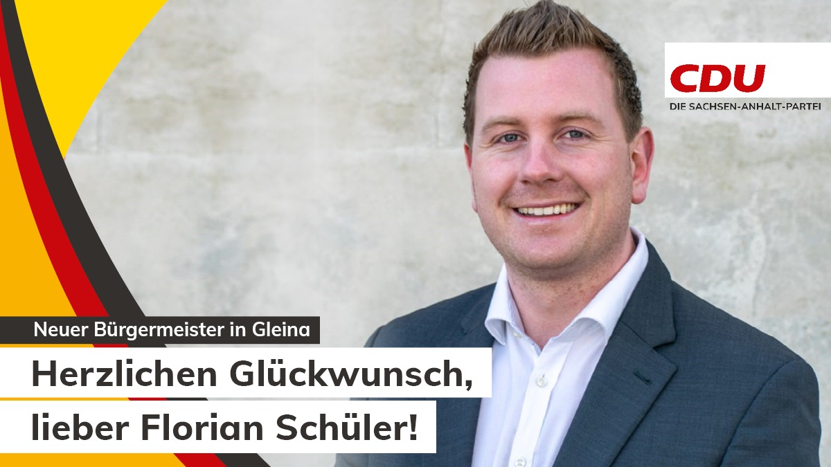 cdulsa's tweet photo. 🎉 Florian Schüler entscheidet die Bürgermeisterwahl in Gleina für sich! Herzlichen Glückwunsch! Wir wünschen einen guten Start und viel Erfolg im neuen Amt. 🍀

#wegenmorgen #CDU #wahlen2022 #SachsenAnhalt #Gleina #Burgenlandkreis #Bürgermeister #bürgermeisterwahl2022 https://t.co/l85gRv9MJZ
