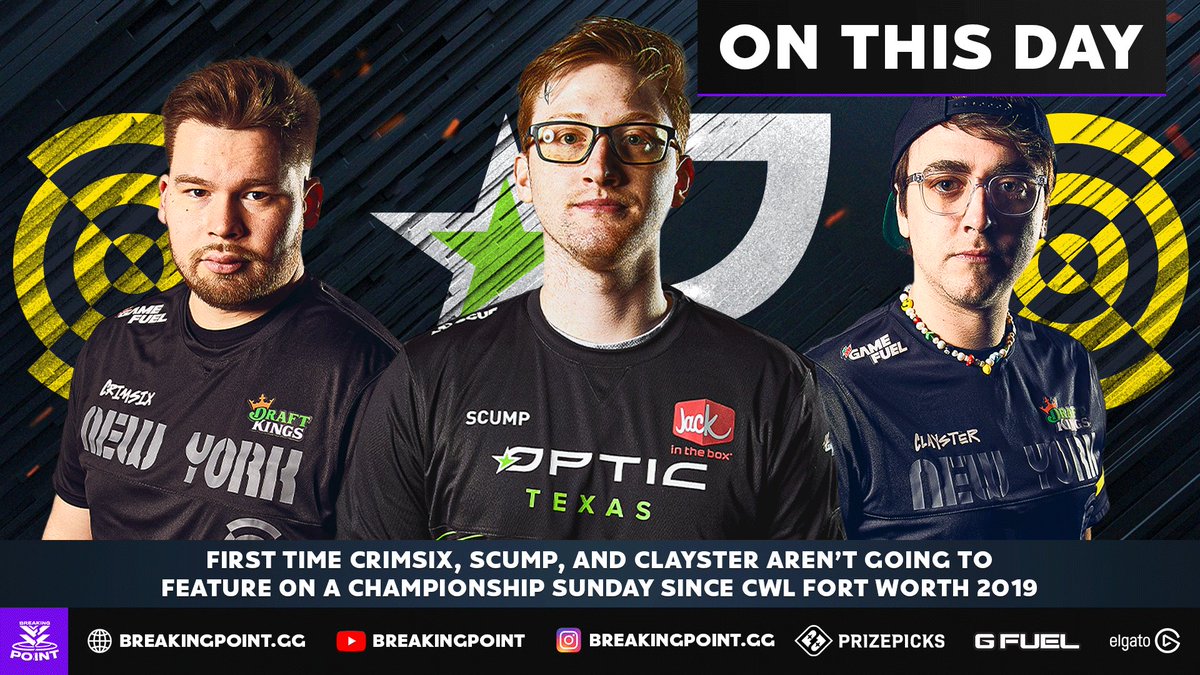 GGBreakingPoint's tweet photo. Today will be the first Major Championship Sunday that doesn't feature @Crimsix, @Clayster or @Scump since CWL Fort Worth 2019!

A new era of Competitive COD.

(not including 8 team MW Homestands) https://t.co/CxeFzsrUHq