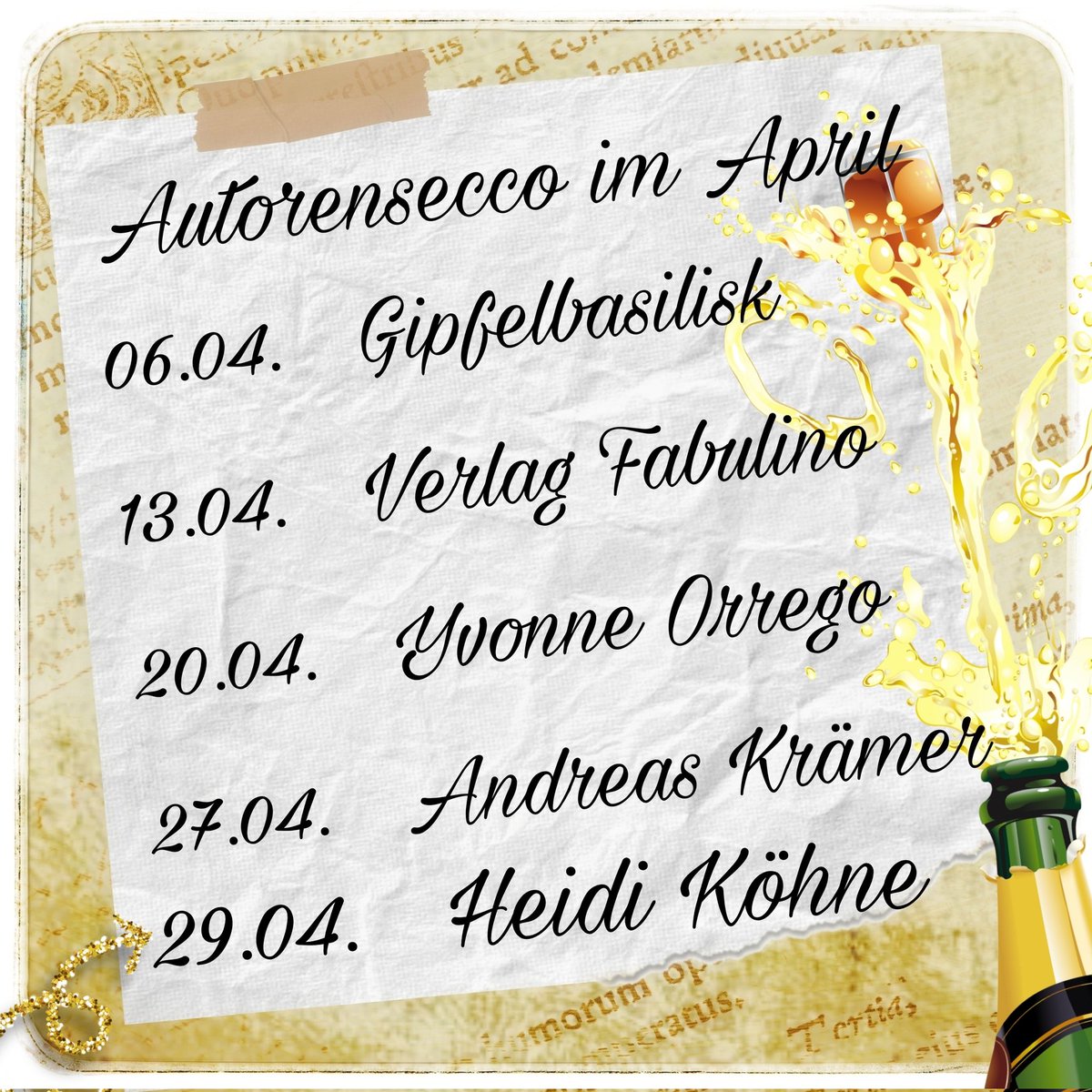 AutorinSissi's tweet photo. Auch im April wird angestoßen und mit wunderbaren Büchermenschen geplaudert. Immer mittwochs um 20 Uhr auf Twitch bei Autorin_Sissi. 🥂🍾 https://t.co/mzloPY7eGY