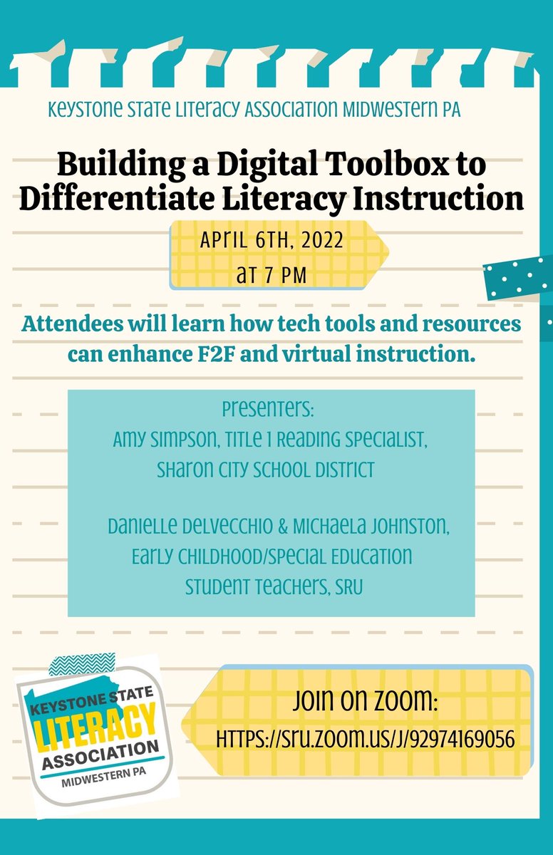 KSLA_Midwestern's tweet image. This Wednesday join KSLA Midwestern PA for Building a Digital Toolbox to Differentiate Literacy Instruction.