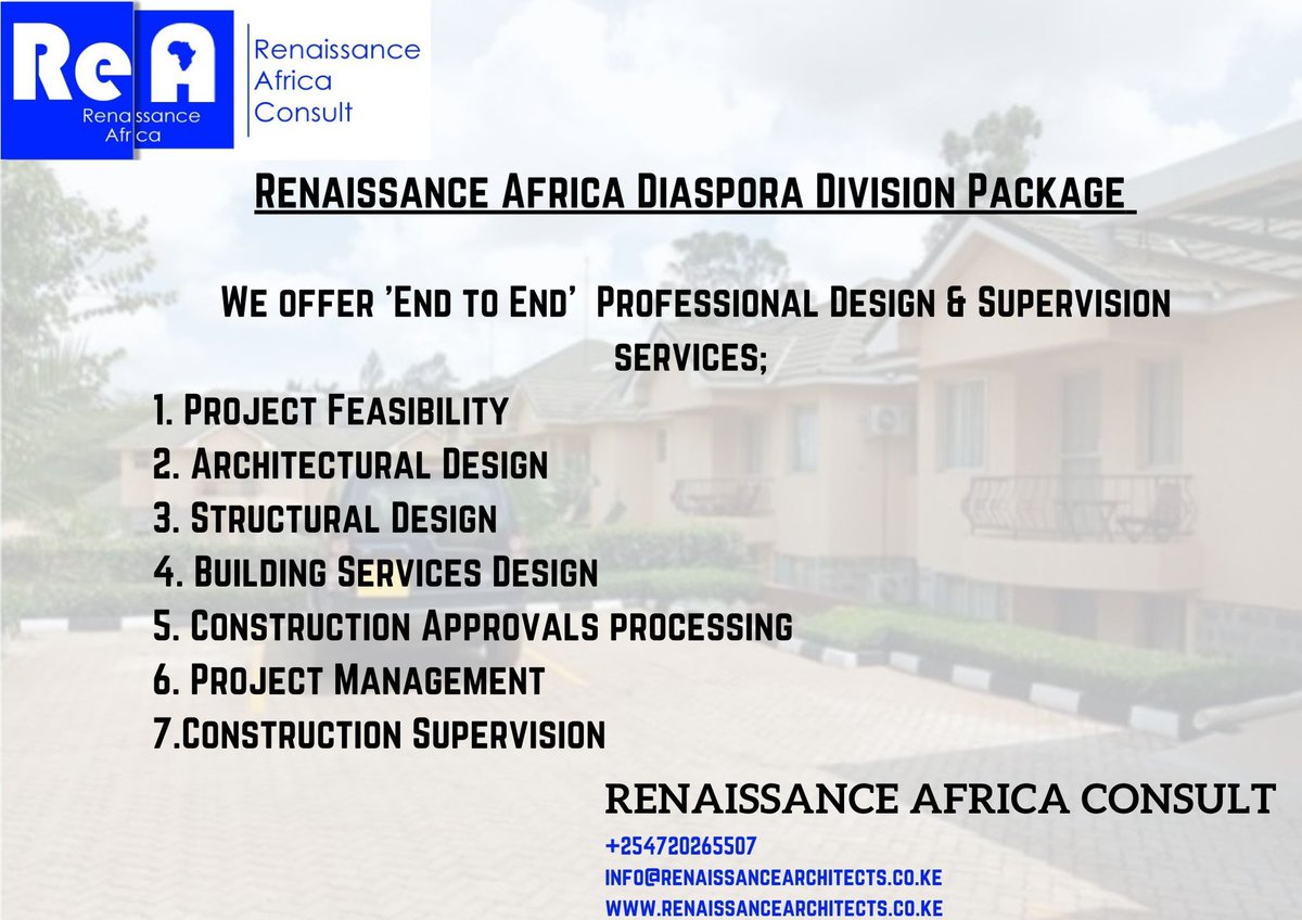 solidlaunch's tweet photo. Our client Renaissance Africa Consult offers end to end project management solutions to diaspora clients.
Use professionals to design, plan and supervise your projects to completion. https://t.co/GM050uc0fj