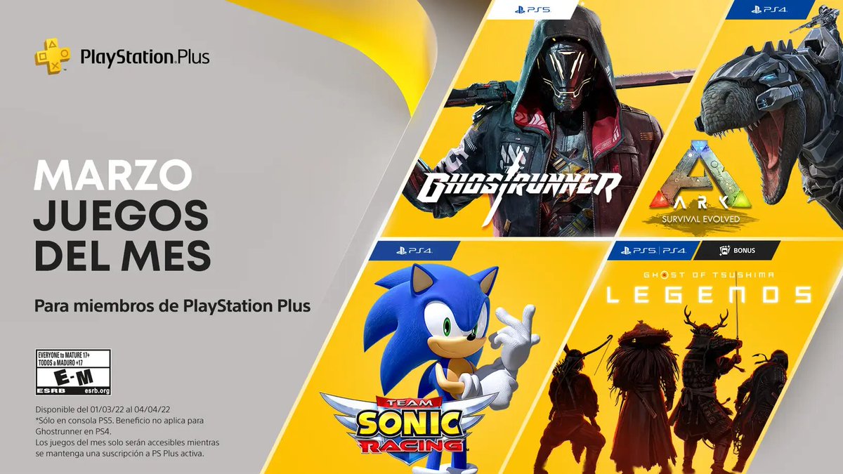 PlayStation_LA's tweet photo. 🚨¡Atención!🚨
Últimos días para descargar los juegos de PlayStation Plus de marzo. No dejen pasar Ark: Survival Evolved, Team Sonic Racing y Ghostrunner: https://t.co/OEjQpqqq9d https://t.co/AAW6qnBbbA