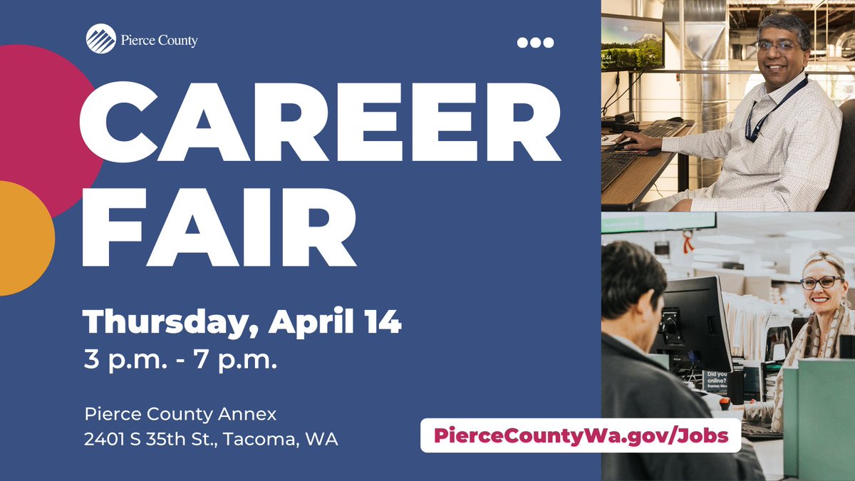 PierceCo's tweet photo. Find your dream job at Pierce County’s Career Fair Apr. 14! 

The county has dozens of full-time, part-time and seasonal opportunities available right now. There is no cost to attend, and the event is open to the public.  

For more information visit https://t.co/gULn4anHS5. https://t.co/TFcOQKYDNY