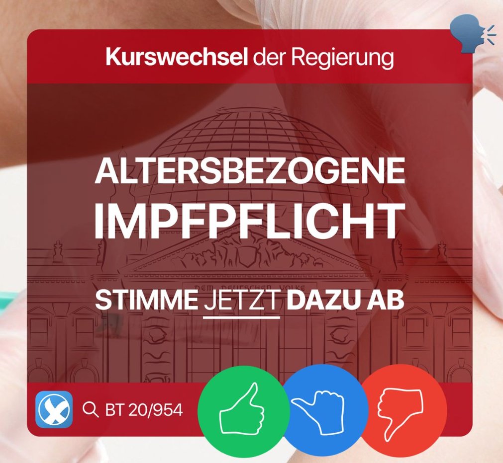 democracy_de's tweet photo. +++Impfpflicht-Update+++

Wegen mangelnder Mehrheit im Bundestag rückt aktuell statt der allgemeinen die #Impfpflicht ab 50 in den Fokus.

Auch über diesen Antrag könnt Ihr in der App abstimmen, einfach in der Suche 20/954 eingeben! https://t.co/qEoOF5wm5h