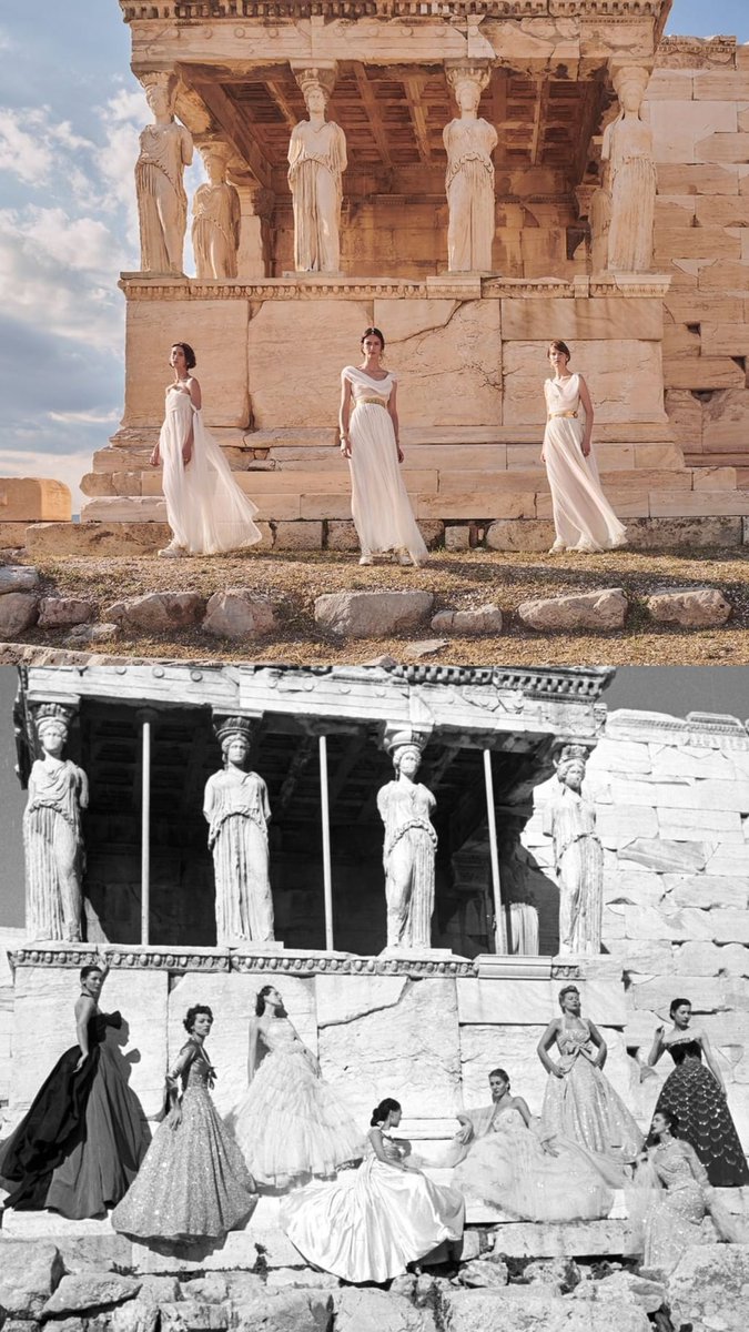 AMarkadas's tweet image. Dior Cruise 2022 collection by Maria Grazia Chiuri. Acropolis in Athens, draped interpretations of the peplos dress worn by the marble caryatids on the Erectheion. Photo by Ria Mort. 1951 models wearing haute couture gowns by Monsieur Dior. Photo by Jean-Pierre Pedrazzini.