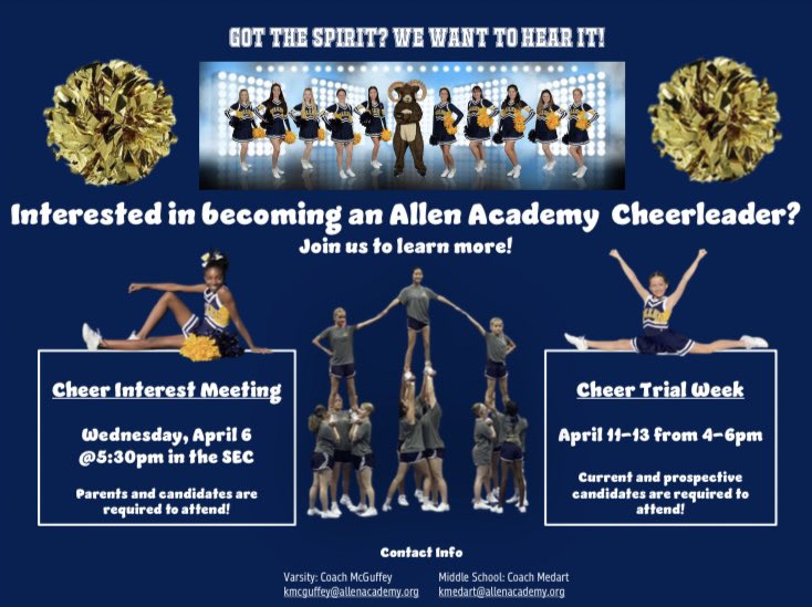 Allen_Athletics's tweet photo. Interested in becoming a 2022-2023 Allen Academy Middle School or Varsity Cheerleader? Attend the upcoming Interest Meeting April 6th and Trial Week April 11th - 13th. See the flyer for more details!

#AllenAcademyCheer 📣
#RamTough https://t.co/EGubfp0uIT