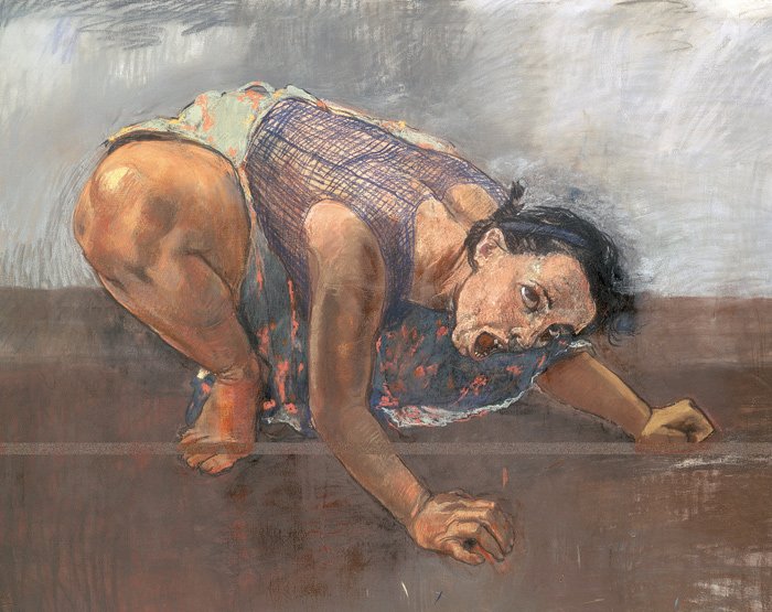 The 'Dog Woman' series is about Paula Rego's grief, following the death of her husband. Her muse Lila Nunes (who acts as the artist's double) crouched + howled out the pain she felt. But quiet acceptance, beneath a symbolic night's sky, defines the concluding 'Good Dog', 1994