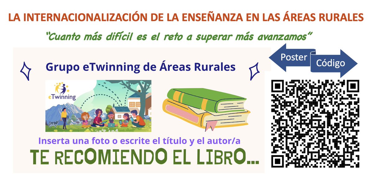 #etwinning #etwrural ¡Hola compañeros/as! Aprovechando el mes del libro, lanzamos el reto sobre lecturas recomendadas. Anímate y participa en el poster sobre tus libros preferidos o completa el Twinboard del reto en nuestro grupo de áreas rurales.¡Gracias por tu participación!