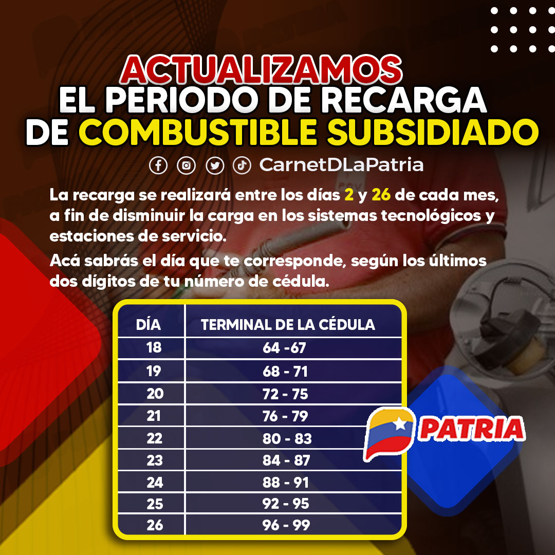 #IMPORTANTE El #SistemaPatria te da a conocer la nueva actualización del período de recarga de COMBUSTIBLE SUBSIDIADO, comprendido entre los días 2 y 26 de cada mes.
Según los 2 últimos dígitos de tu cédula, sabrás el día que te corresponde .

#TalentoDeCorazónInfantil2022 #3Abr