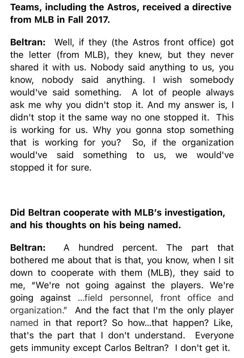 ByJamesWagner's tweet photo. Carlos Beltran, a new YES television analyst, sat down with Michael Kay for an interview in which he talks at length (for the first time, I think) about his role in the 2017 Astros sign stealing scandal. While it airs tomorrow, the network emailed out excerpts & here are a few: https://t.co/QqOTHc7BYA