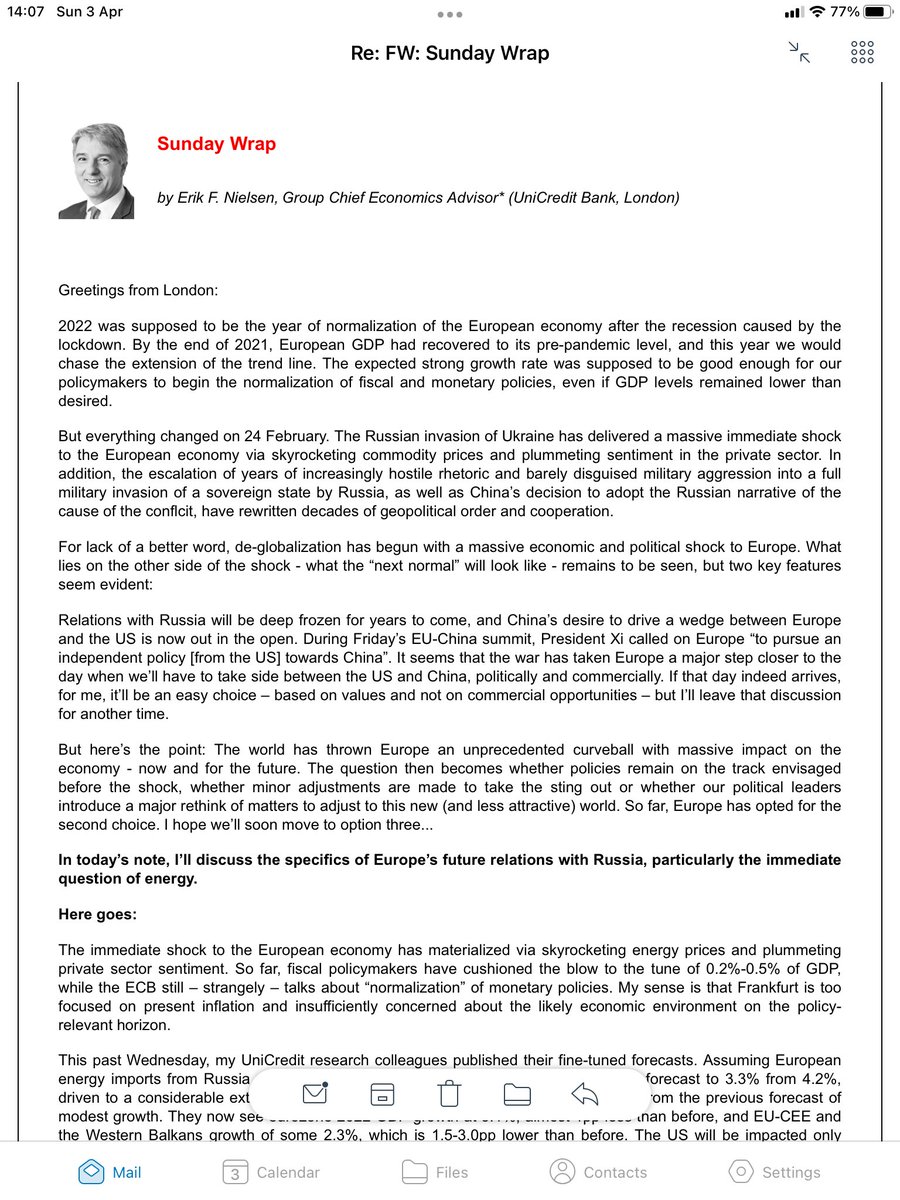 ErikFossing's tweet photo. In today’s Sunday Wrap:
A discussion of Europe’s policy choices, specifically wrt Russian energy. Why a total ban does not make sense in a practical way. Yet, the latest atrocities may flip the conclusion to the emotional argument for a complete stop.
https://t.co/YKOePETGSS https://t.co/LewVgE44qY