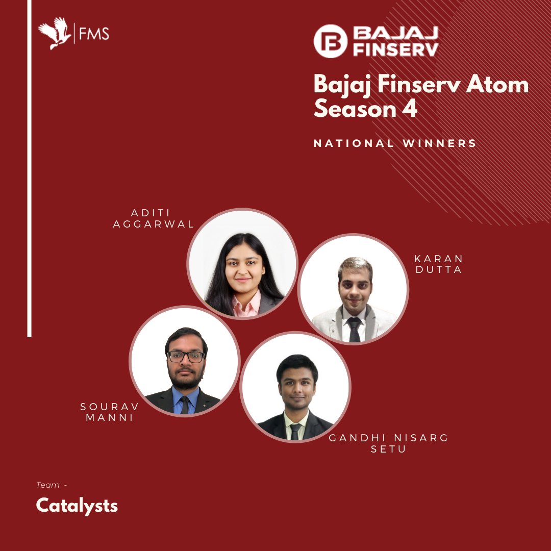 FMS_Delhi's tweet photo. FMS, Delhi is delighted to announce that Team Catalysts emerged as National Winners of the Bajaj Finserv Atom Season 4.
Congratulations to the team and we wish them all the best in their future endeavors.
#FMSDelhi
#RedBuildingOfDreams
#LifeAtFMS https://t.co/gwwUWA8Ihw