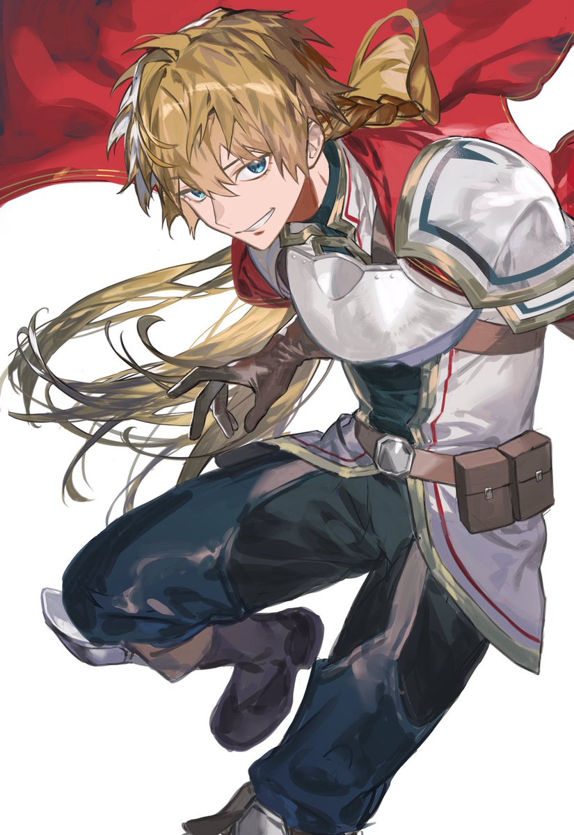 1boy male focus red cape blue eyes solo long hair armor  illustration images