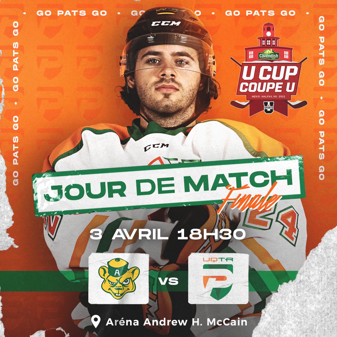 Patriotes UQTR (@patriotesuqtr) on Twitter photo Les Pats se mesureront aux <a href="/GBHKY/">Golden Bears Hockey</a> dans le cadre de la finale du Championnat canadien U Sports ce soir! Ils tenteront de remporter un premier titre depuis 2003. 👊
📺: <a href="/TVASports/">TVA Sports</a>
🎥: cbc.ca/sports / usports.ca/fr/webdiffuse
🕡: 18h30, heure du Québec
📍: Wolfville, NÉ Les Pats se mesureront aux <a href="/GBHKY/">Golden Bears Hockey</a> dans le cadre de la finale du Championnat canadien U Sports ce soir! Ils tenteront de remporter un premier titre depuis 2003. 👊
📺: <a href="/TVASports/">TVA Sports</a>
🎥: cbc.ca/sports / usports.ca/fr/webdiffuse
🕡: 18h30, heure du Québec
📍: Wolfville, NÉ