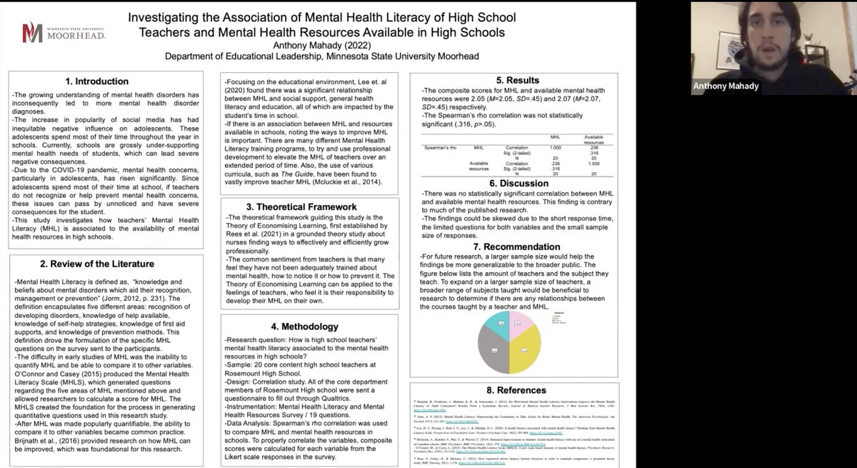 MSUM_EdD's tweet photo. 🟥⚫️ First Year C5a doctoral student Anthony Mahady doing a poster presentation for ED 704 / Quantitative Research Methods course. His study explored mental health literacy among high school teachers. Anthony is a science teacher at  @RosemountHS Go Dragon! 🔥🐉🔥 https://t.co/v8pu5fFQrh