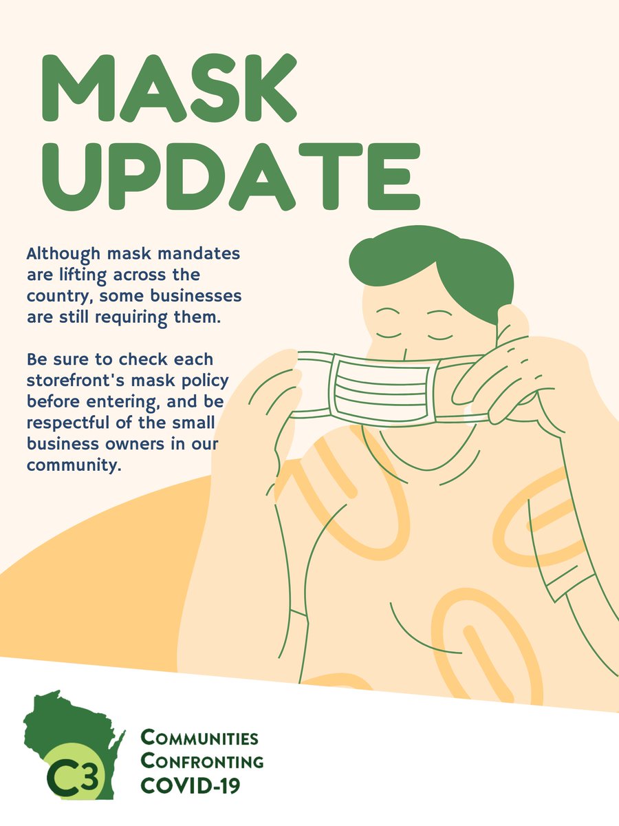 While some places are no longer requiring masks, it is important to check each storefront's mask policy and be respectful of others. #StopTheSpread #Covid19 #C3 #CommunitiesConfrontingCovid