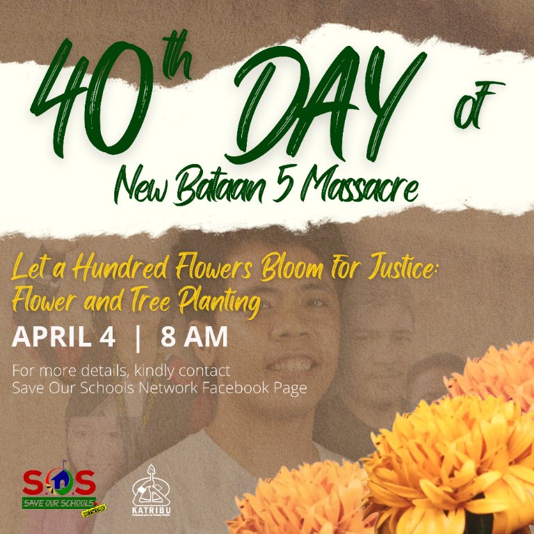 savelumadschool's tweet photo. Let a hundred flowers bloom for justice!

As we commence the Flower and Tree Planting program on April 4th, let us plant their principles and harvest more determination to advance the people’s agenda that they have championed throughout their life. 

#JusticeForNewBataan5 https://t.co/tyiKVZes2Q