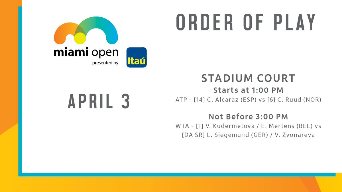 MiamiOpen's tweet photo. Finals Sunday at the #MiamiOpen 🏆

Today’s Order of Play 👇 https://t.co/MPE3ZhCLwA