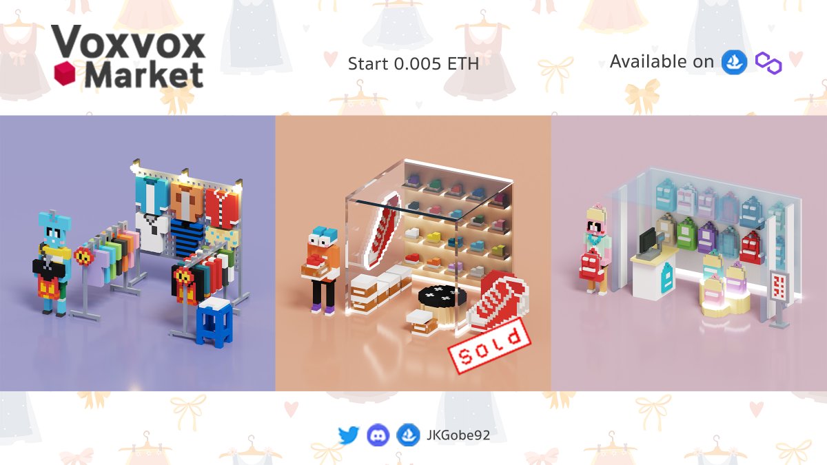 💐UPDATE💐
Voxvox market no. 22 - 24 👕👟🎒

Start  0.005 - 0.01 ETH 
Available on <a href="/opensea/">OpenSea</a> / polygon

opensea.io/collection/vox…

Discord : discord.gg/SmTPH64r9U

#NFTCommunity #nftcollector #opensea #Polygon #NFTJapan #NFTTHAILAND #voxelart #magicavoxel #voxel #NFT宣伝枠