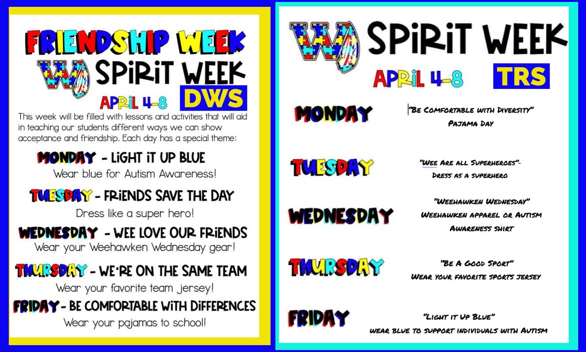 WeehawkenTSD's tweet photo. Spirit Week reminder for DWS &amp; TRS! @McginleyIsabel @SuzanneMera @MrsCullinane @BriannaReganEDU @Mr__Ferrer @Melissa__Viera @teachnbeach1 @agnes_annese @DeStefanoEDU @IvyBarile @bcalligy https://t.co/DkUy4J5drk