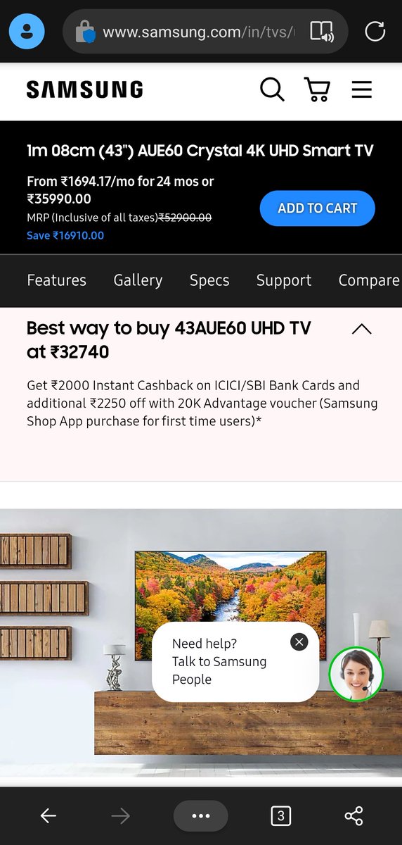 chandrahas77's tweet photo. @SamsungIndia misleading with wrong offers, i tried all possible ways but couldn't get the best price of 32740 despite being a first time Samsung shop user and having a ICICI and also SBI bank cards. https://t.co/mxqjYOdWJJ