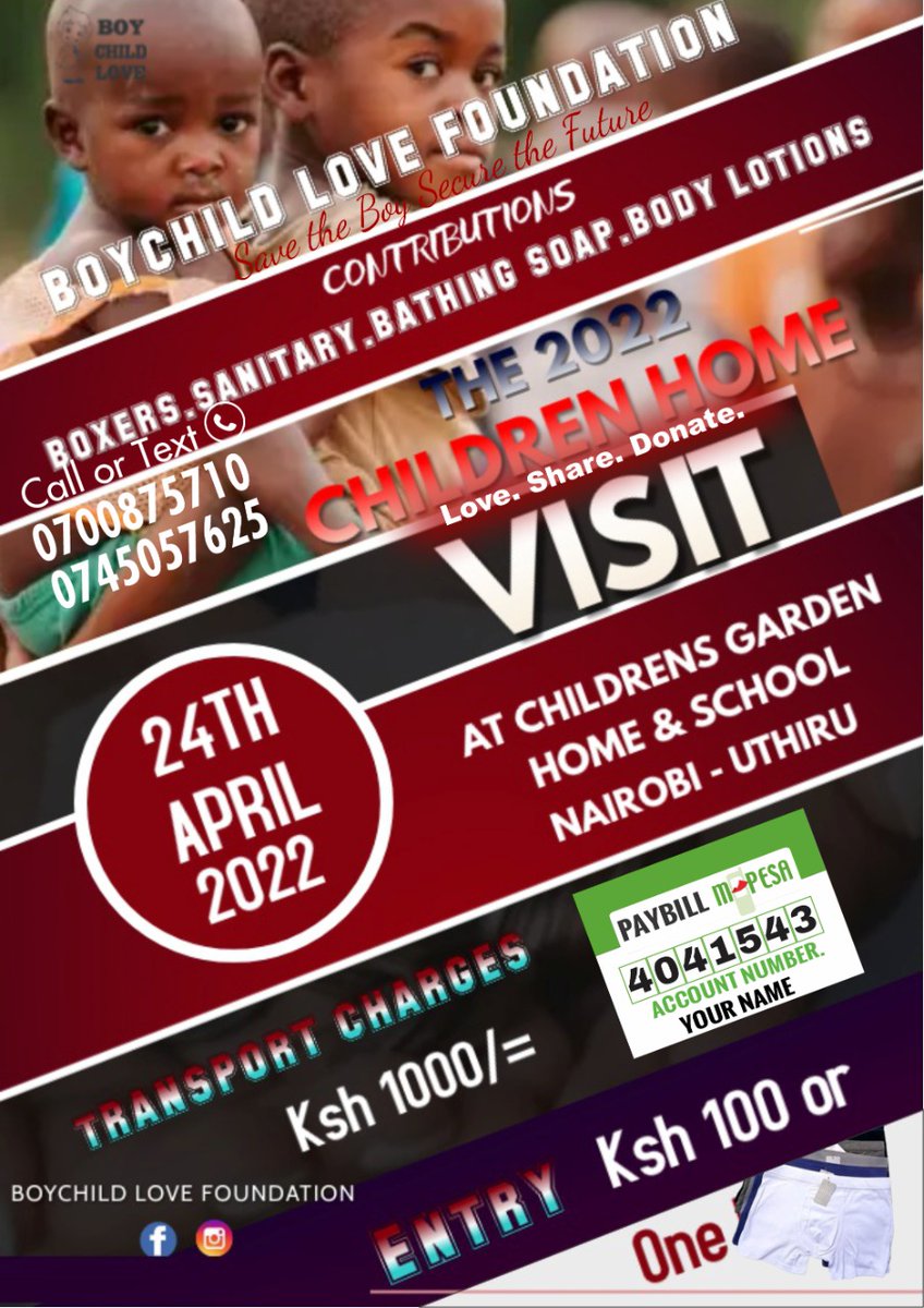 Boychild love organization present a children home visit on 24th April 2022 All are welcome for mentorship, fun and cooking activity for the kids.
Service to humanity is service to God.
<a href="/Karasinga3/">Karasinga</a> <a href="/titus_kims/">Kimathi</a> <a href="/AfricaGreens/">Greens of Africa Foundation</a> <a href="/Dedankm/">DEDAN KIMATHI FOUNDATION</a> @Its_Blacky_ke <a href="/YoungMentorshi1/">Young Mentorship Community Program</a> <a href="/AniereLuz/">Catrina Luz Aniere</a>