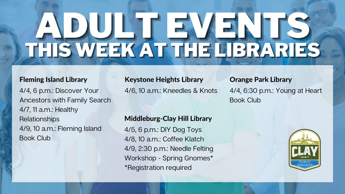 ClayLibrary's tweet image. Check out these events happening this week at your Local Clay County Libraries.

#ClayCoLibrary