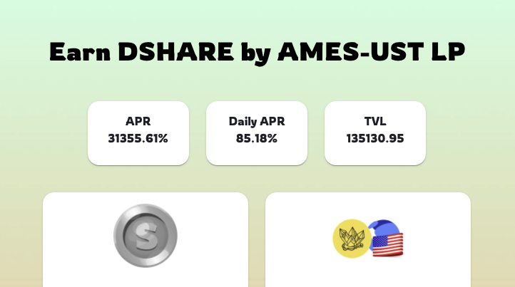 Insane APR's incoming on <a href="/ames_defi/">Ames.defi</a> AMES-UST pool over on Dibs.money - Emissions start at 2pm UTC.

And get your $Dshare ready to get your part of well over $150k in single staking rewards
@TombForkWatch <a href="/FLS_News_1/">🌾 𝐅𝐋𝐒 🌾</a> <a href="/_BSCNEWS/">BinanceChain</a> 
#DeFi #tombfork #bsc