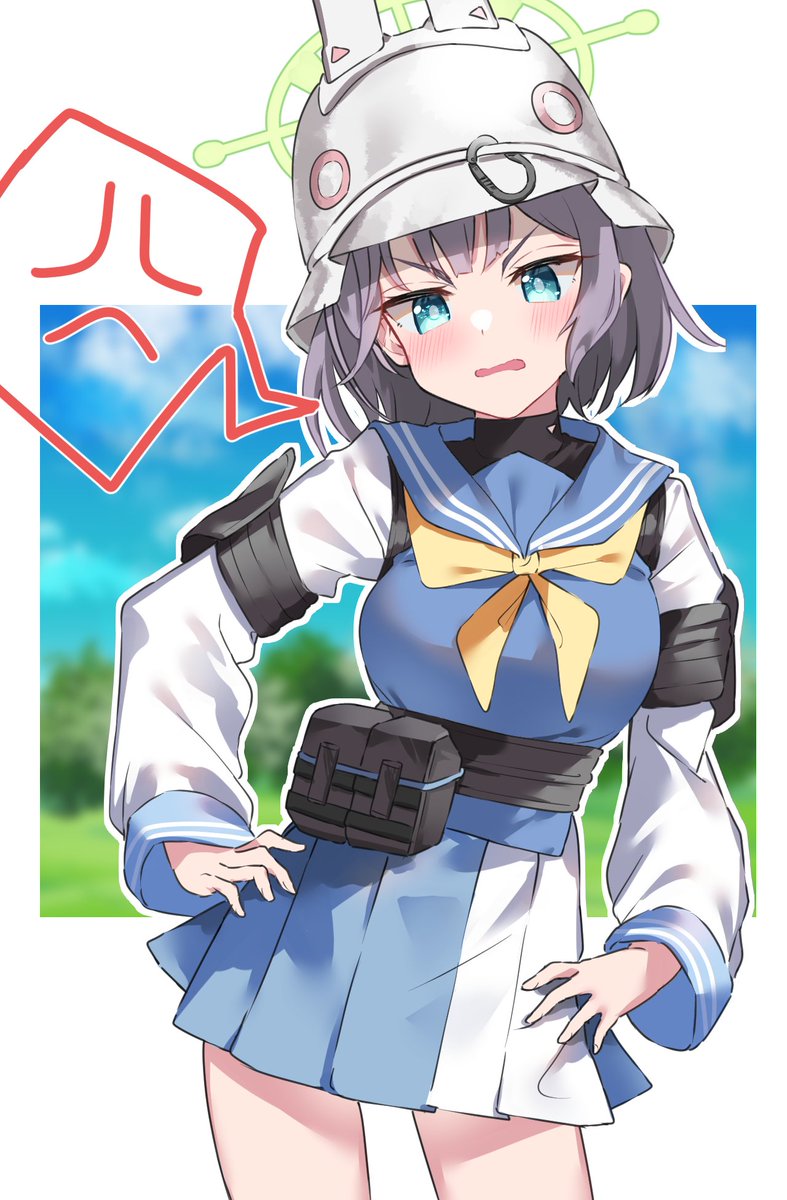 1girl halo helmet school uniform solo skirt anger vein  illustration images