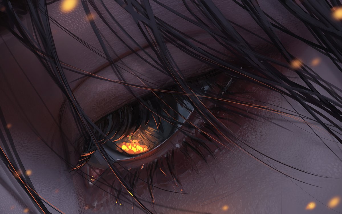 eye focus black hair close-up solo looking at viewer eyelashes reflection  illustration images