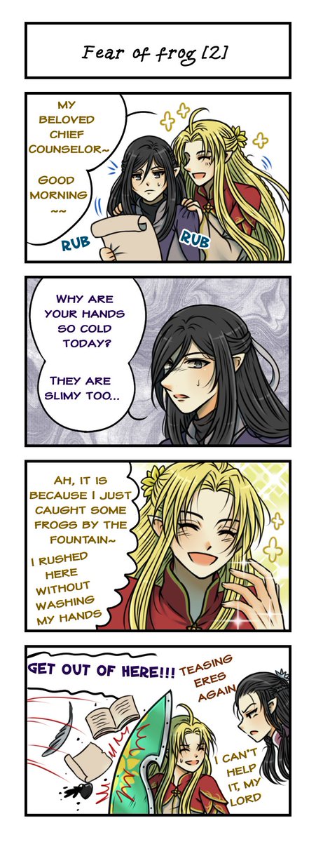 [Second Age and Third Age #4koma 2022]
Part 5: Fear of Frog (1,2)
Special thanks for my translator Eikyuu Yuki. Please do not repost without my permission ! ! ! (especially Facebook groups/pages)
#LordOfTheRings #glorestor