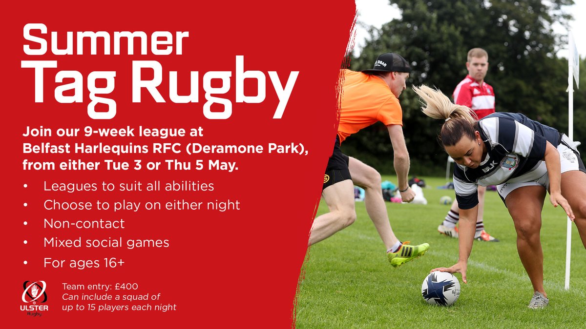 UlsterBranch's tweet photo. ✍️ Registration is now open for our Tag Rugby Summer League! 🏉 
  
For more info about tag rugby &amp; to sign up ⬇️ 
https://t.co/Zx78g20ci0 https://t.co/UBs6AUP2zs
