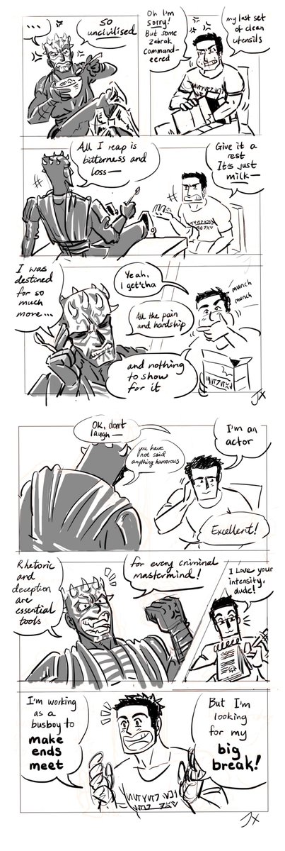 itsnotapen1's tweet photo. F.I.E.N.D.S
local busboy &amp; out of work actor Bam Bitber (any  resemblance is entirely coincidental) made the mistake of feeding a stray sith lord &amp; no good deed goes unpunished.

inspired by @SamWitwer 's interview about giving Maul a hug IRL

#StarWars #TheCloneWars #DarthMaul https://t.co/kSKoic5O8d