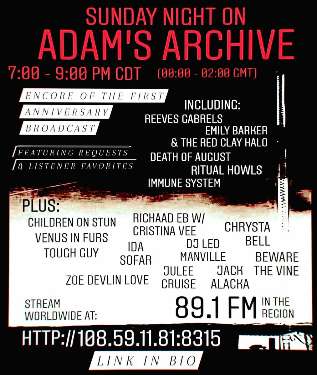 AdamsArchive891's tweet photo. #AdamsArchive tonight @ 7:00 - 9:00 PM CDT / 00:00 - 02:00 GMT. 89.1 FM regionally, streaming worldwide @ https://t.co/99oJkgZfJR

@seadrakemusic, @ritualhowls, @reevesgabrels, @Chrysta_Bell, @RichaadEB &amp; @CristinaVee, @deathofaugust, @emilybarkerhalo, @ZoeDevlinLove, and more! https://t.co/Qn9OTT9glp