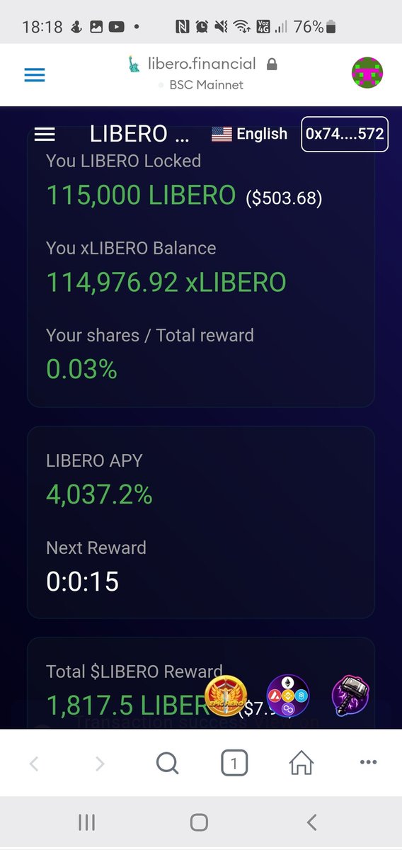 Matirabi79's tweet photo. @LiberoFinancial I locked 115,000 LIBERO ~$503 (now $915)  for 4 years, total rewards $488 in 30 days!! 😍 Incredible!!! @Celal_cE @ChinaPumpWXC @madubanggarr1 @jram14902 @gw30945664 https://t.co/IV4K9kIKGW