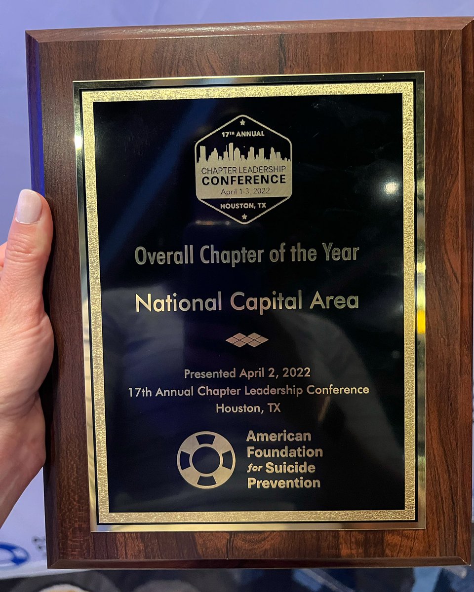 AFSPNCAC's tweet photo. We are thrilled to share that last night our chapter was recognized with the Overall Chapter of the Year award at the annual Chapter Leadership Conference! Thanks to our supporters for making our impact a reality, & congrats to the many other achievements across the U.S.! #AFSP22 https://t.co/NFQIdiCcX5