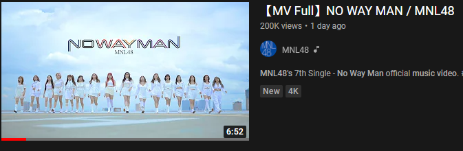 mnl48wrldupdate's tweet photo. MNL48's No Way Man MV has reached 200k views on Youtube in less than 2 days! 

#MNL48_NoWayMan #NoWayMan by #MNL48 https://t.co/ioLs2S82Mm
