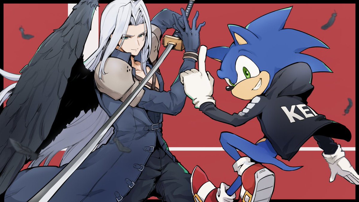 sephiroth ,sonic the hedgehog 2boys multiple boys gloves wings male focus weapon sword  illustration images