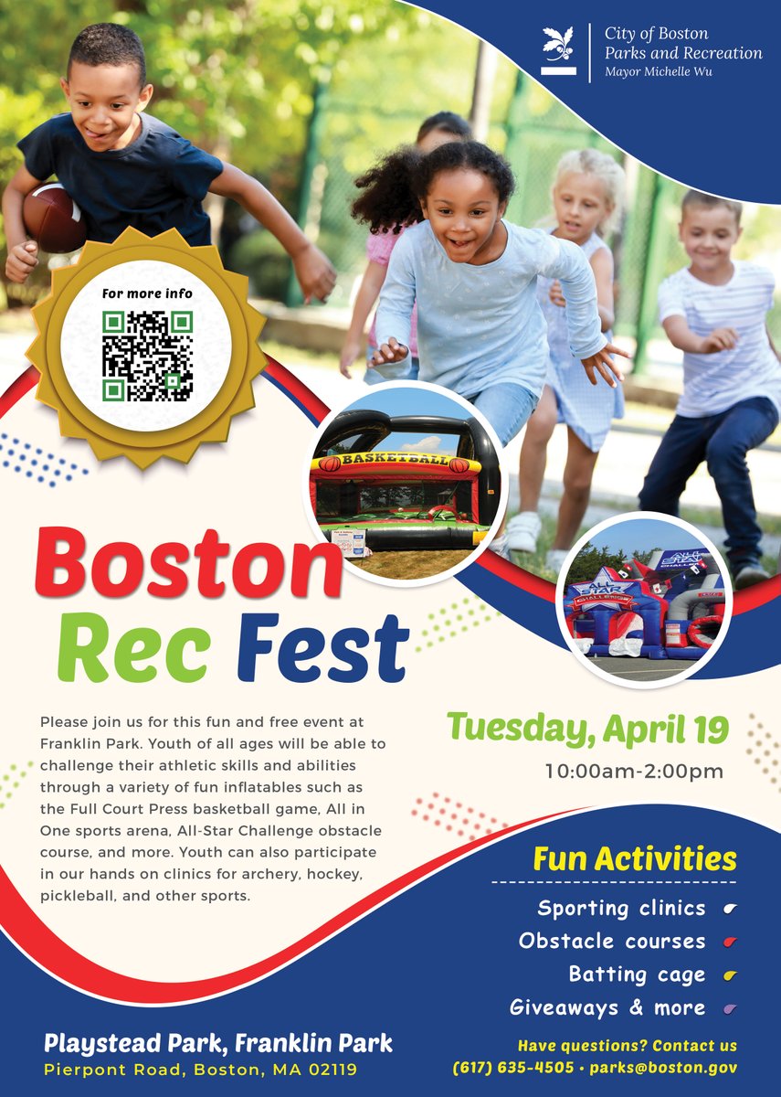 BostonParksDept's tweet photo. Do you know what we have in store for April school vacation?

Boston Rec Fest (Tuesday, April 19)
Playstead Park, Franklin Park

All Girls Sports &amp; Wellness Festival (Wednesday, April 20)
BCYF Leahy-Holloran

To register or for more info: https://t.co/Bb1XMq8hmr https://t.co/GYtcPU2LAF