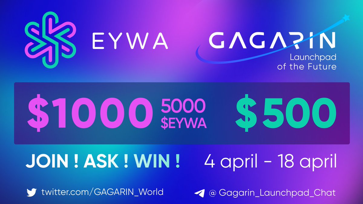 #AMA Rush <a href="/eywaprotocol/">Eywa</a>  x <a href="/GAGARIN_World/">GAGARIN Launchpad</a> (11, April)

5000 $EYWA (worth $1000) &amp; $500 #airdrop. 

JOIN ! ASK ! #WIN!  

📅 APR 4 - 18 
🎉 10 winners 
🎁 500 $EYWA (=$100) &amp; $50 

RULES 👇
1 Ask question in com.
2 LIKE &amp; RT
3 Complete tasks  gleam.io/5nONU/join-ask…
